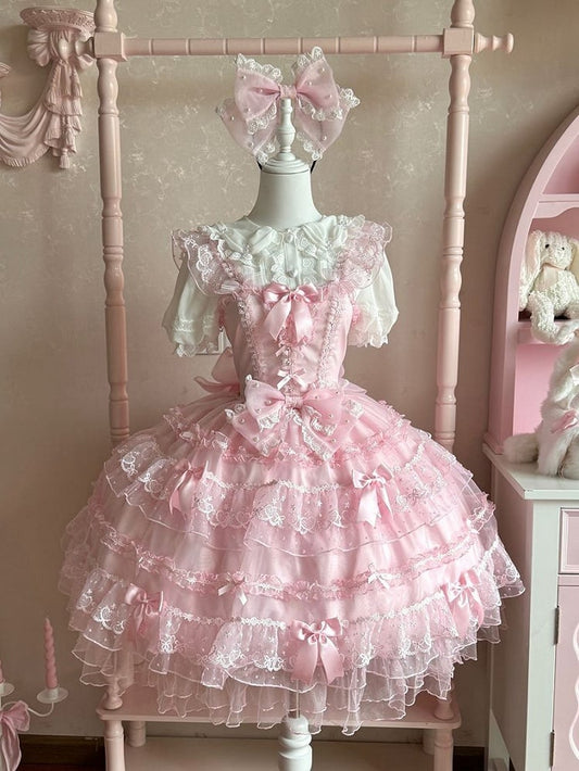 Hanayome Rock Akzente Lolita Prinzessin Tüll Schleife Rosa JSK Kleid Mehrlagig