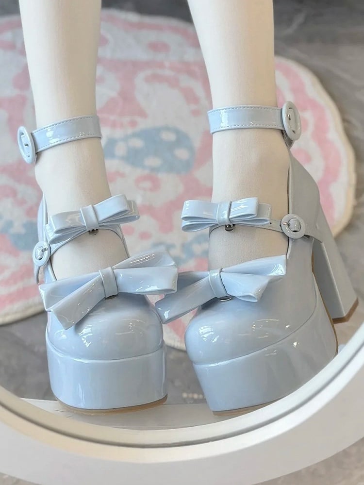 Accents Ring Elegant Buckle High-heels Bow and Polished Lolita Blue Platform with