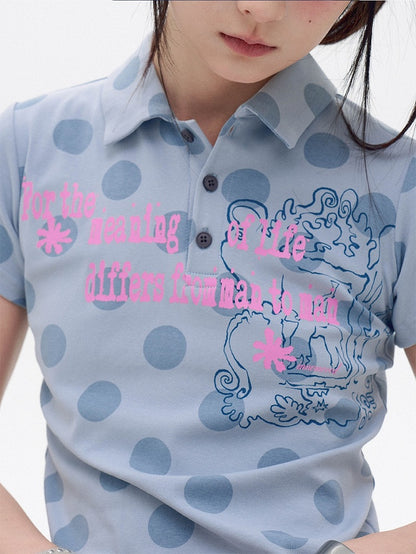 Blue Polka Dot Polo Shirt with Letter Print - innomoood