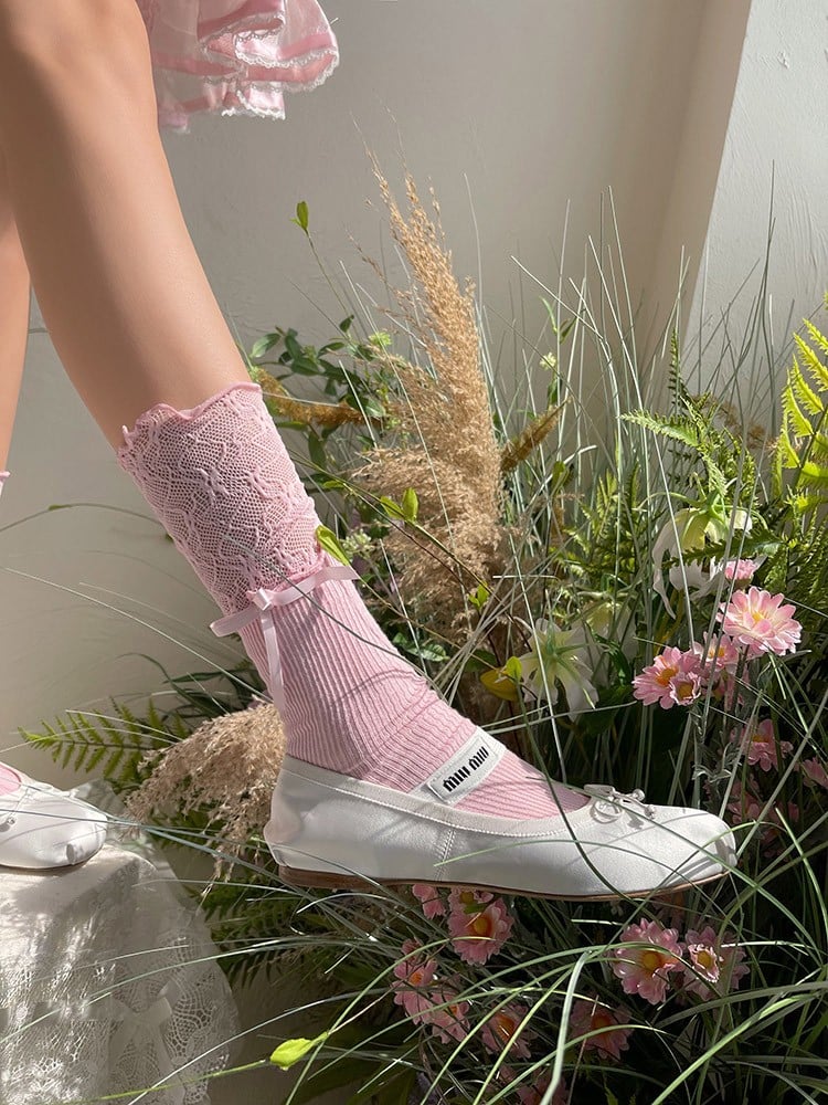 Lace with Calf Cuff Decoration Bow Socks White/Black/Pink