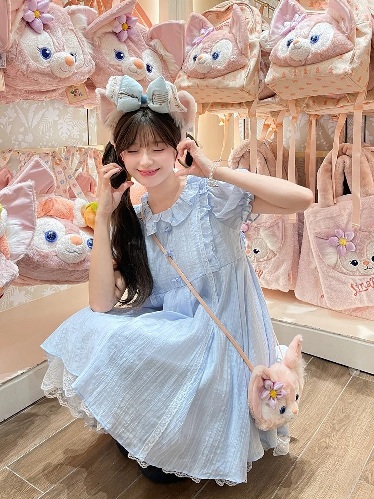 Kleid Hellblau Rüschenkragen Puffärmel Süß