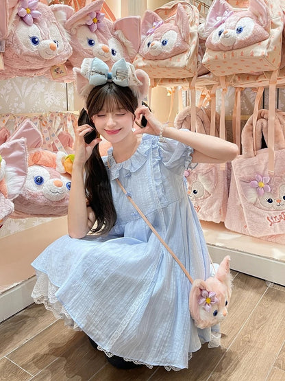 Kleid Hellblau Rüschenkragen Puffärmel Süß