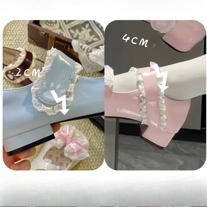 Print PU Toe Bow Sweet with - Janes Black Lolita Heel Low/Mid Mary Paw Round Detachable
