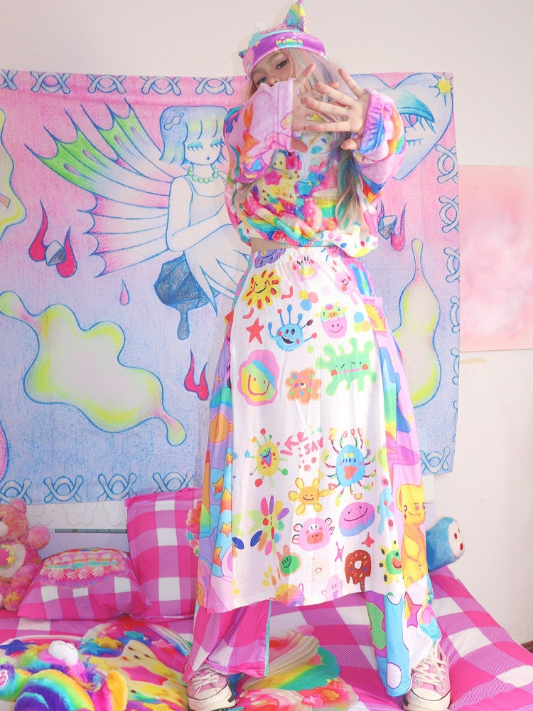 漫画プリントのカラフルなAラインの伸縮性ウエストスカート Y2K