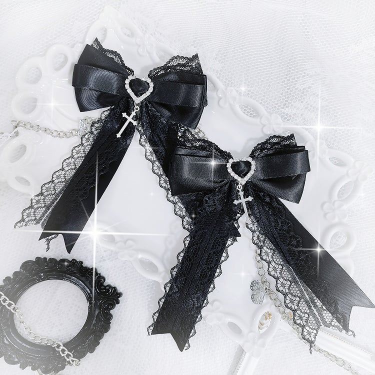 Jirai Kei Cross Charm HeartRhinestones with Bow Hairclips