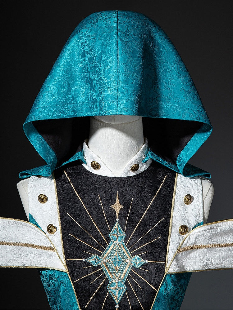 Prince Style Teal Cutout Hooded Lolita Crop Top with Metal Buttons - Xiong Dou Jiang