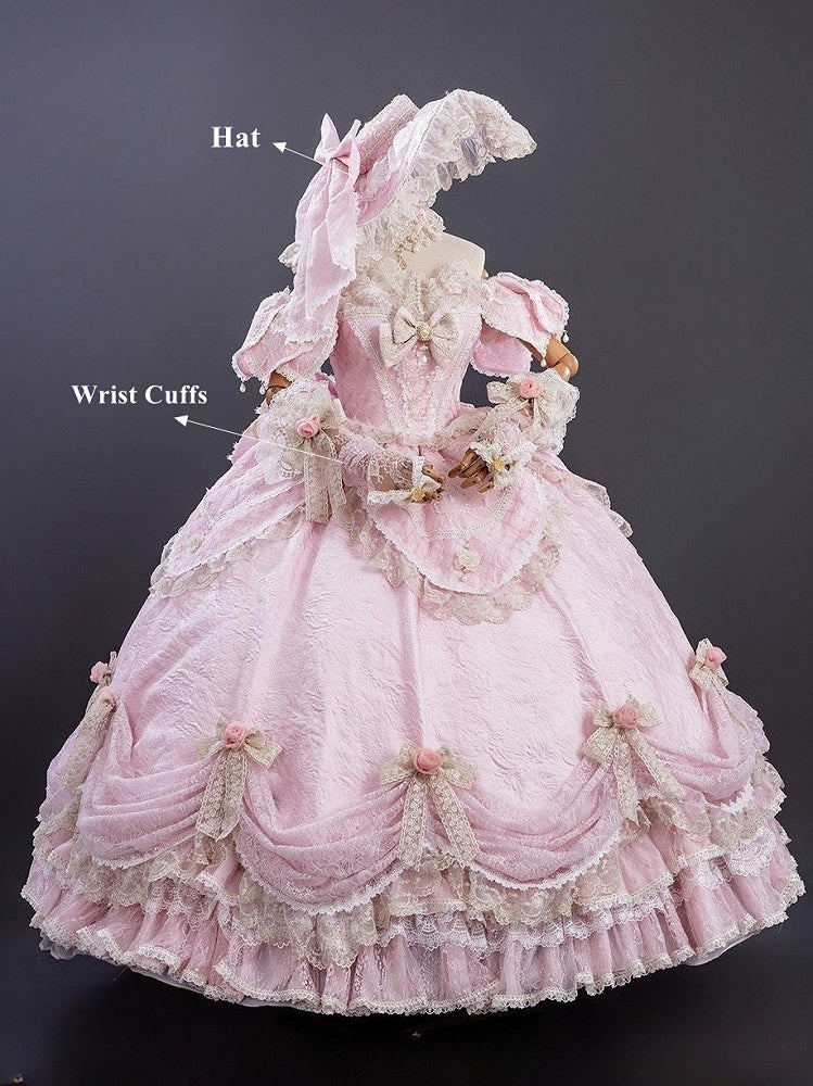 Pink Off-Shoulder Lolita Lace Gown with Ruffles and Bows - Hinana Queena