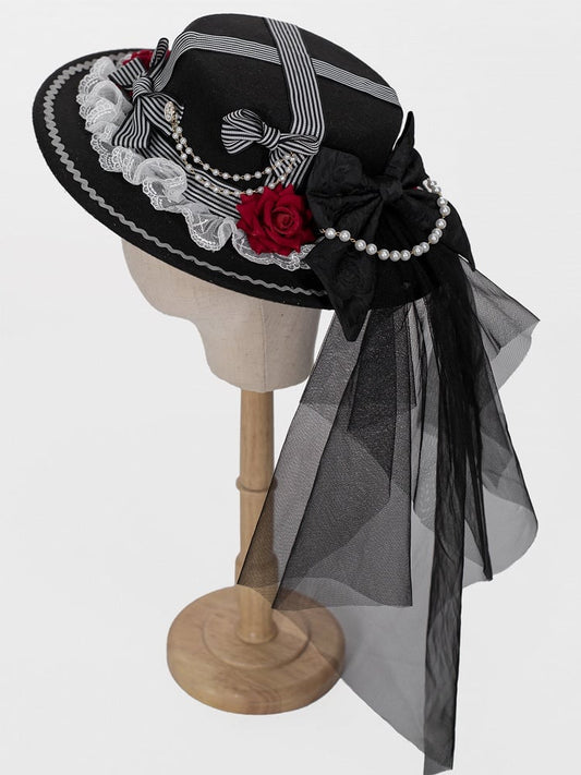 Hat Rose Black and with Bow Striped Lolita Accents