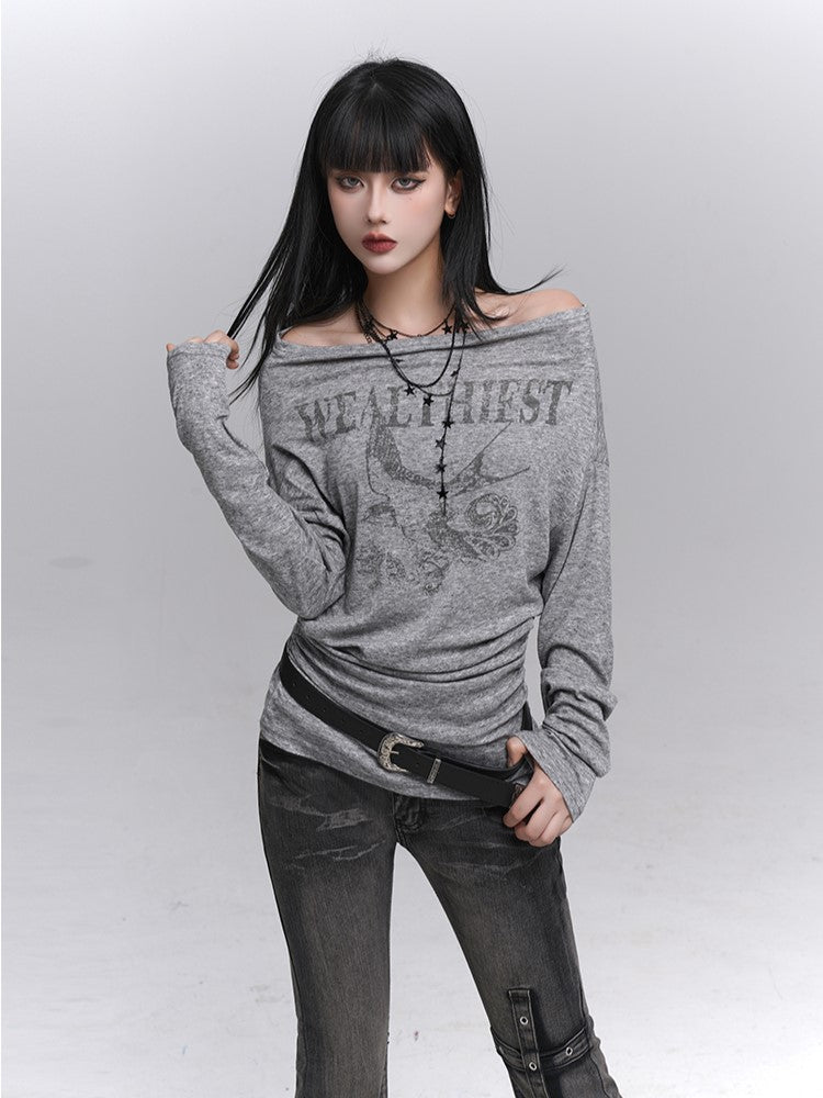Gray Tee Oversized Print Gothic Sleeve Swallow Long Off-Shoulder