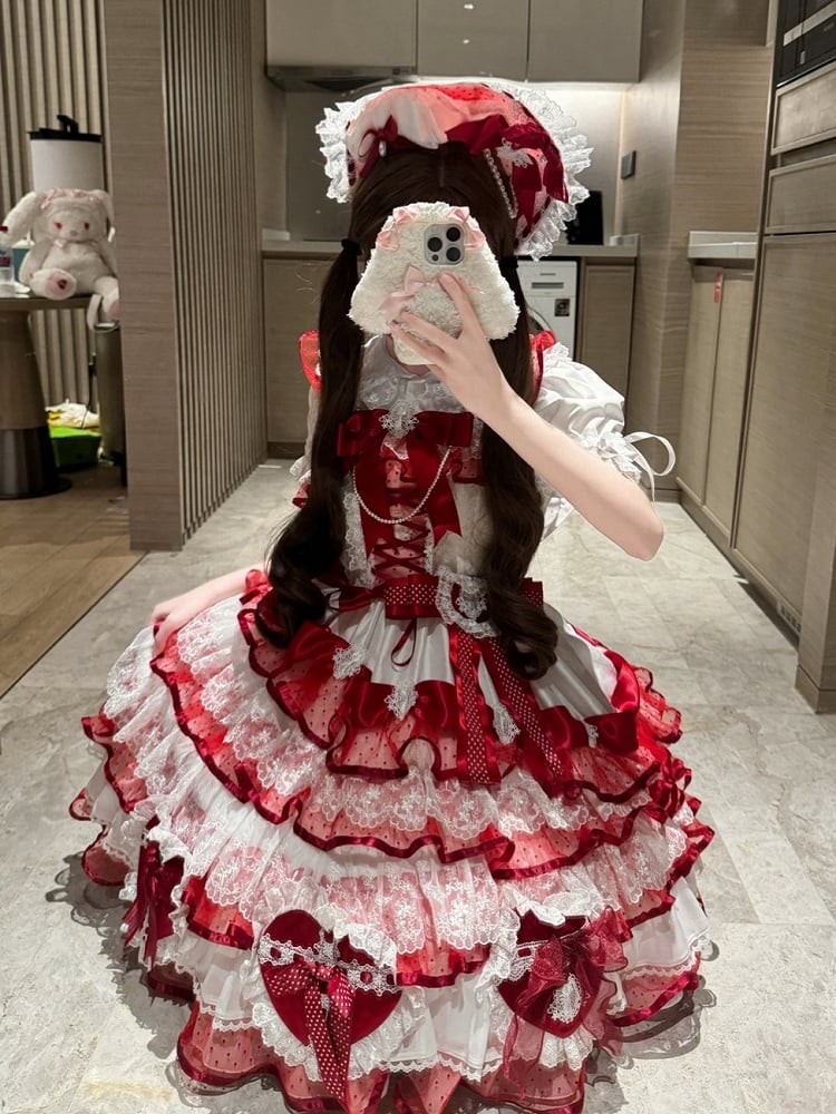 Lolita Hanayome und mehrlagiger herzförmiger weißer Rockpullover, Prinzessin, rote Schleifen, Kleiddekoration
