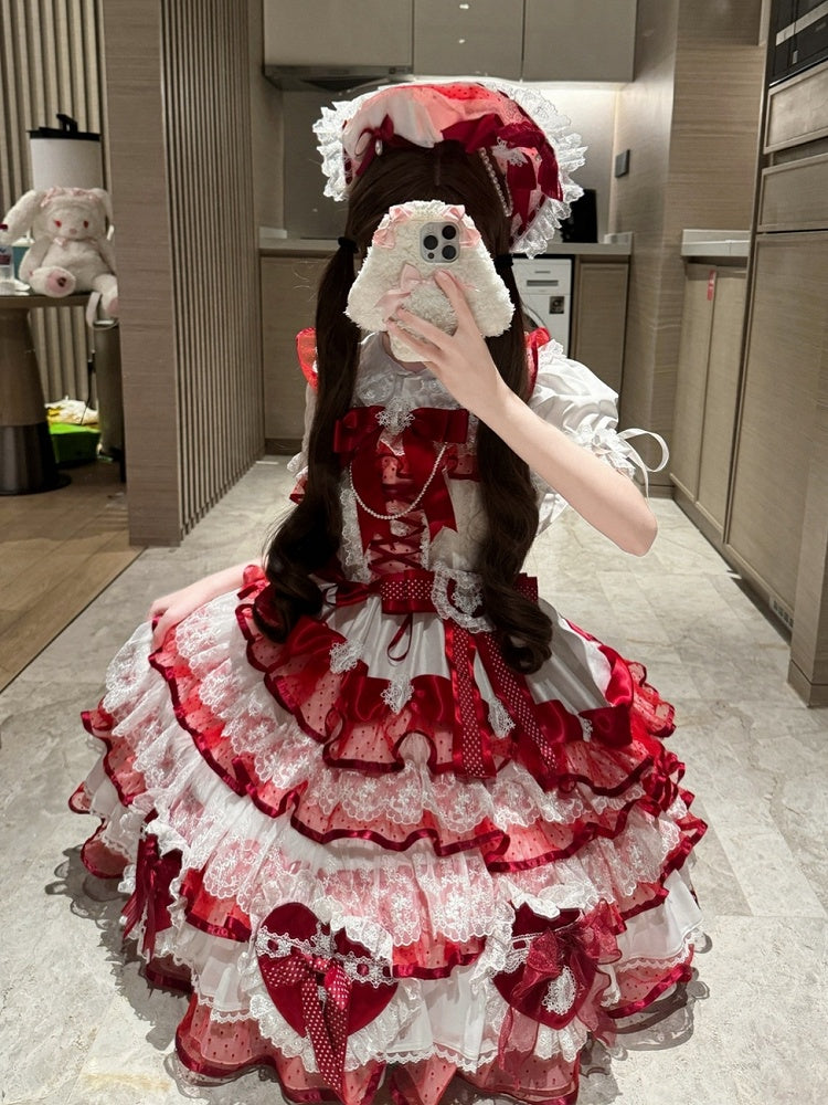 Pullover mit weißen Schleifen, Lolita-Prinzessin, roter herzförmiger Rock, Dekoration, Hanayome, mehrlagig und Kleid