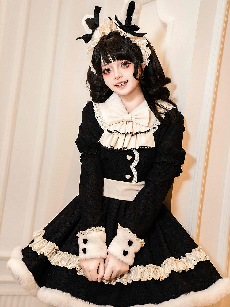 Black Long Sleeves Plush Collar and Cuffs Sweet Lolita OP Full Set
