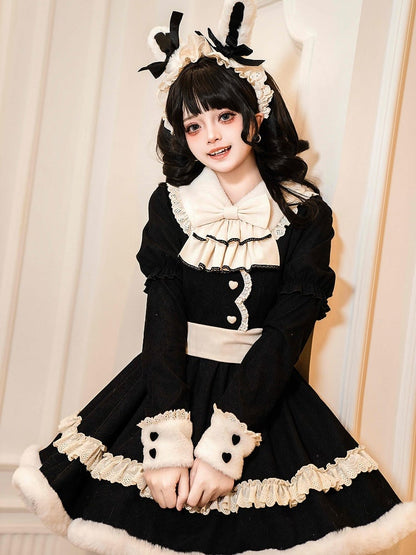Plush Collar and Cuffs Black Sweet Lolita Dress with Removable Bunny Ears and Tail Back