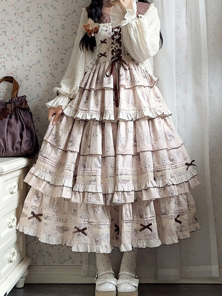 Beige & Brown Floral Print Tiered Ruffles Elegant Classic Lolita Dress + Crochet Lace Lolita Cardigan Set