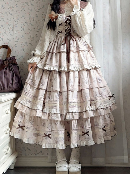 Beige & Brown Floral Print Tiered Ruffles Elegant Classic Lolita Dress + Crochet Lace Lolita Cardigan Set