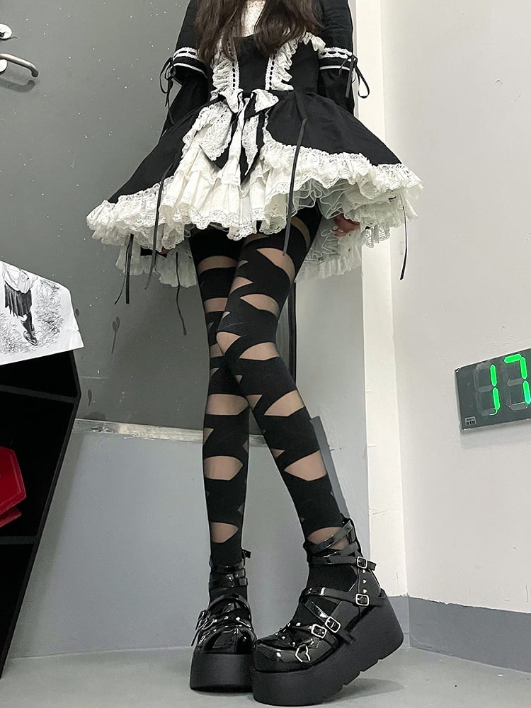 Tights Strap Cross Y2K Style Black/White Design