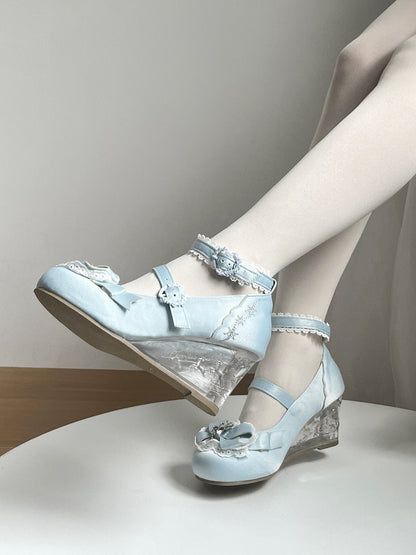 Blue Winter Embossed Transparent Heel Shoes with Heart Buckle - Vintage Sweetheart