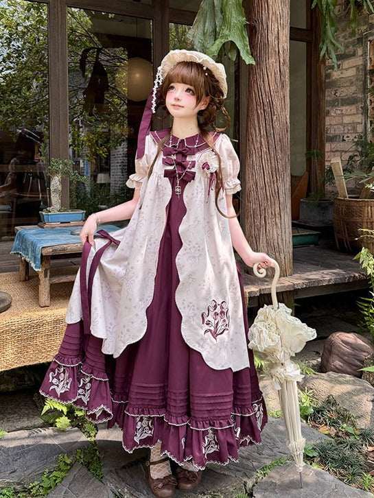 Elegant Tulip Ruffle Embroidered Floral Jacquard Lolita OP A-Line Gown - Whispering Roses