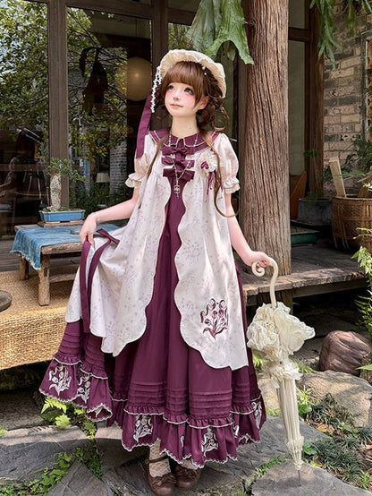 Elegant Tulip Ruffle Embroidered Floral Jacquard Lolita OP A-Line Gown - Whispering Roses