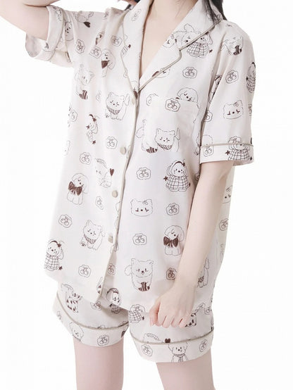 子犬プリントのパジャマセット ブルー/クリーム色 キュートなイエローライト