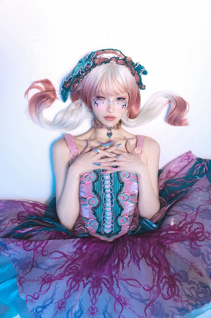 Embroidery Pink Bodice Print Biochemical Ribs Layered Handkerchief Lolita Spider Hem Dress