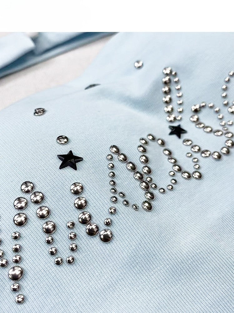 トップヘムチューブラインストーン装飾文字グラマラスY2Kブルーアシンメトリー