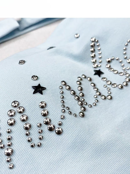 トップヘムチューブラインストーン装飾文字グラマラスY2Kブルーアシンメトリー