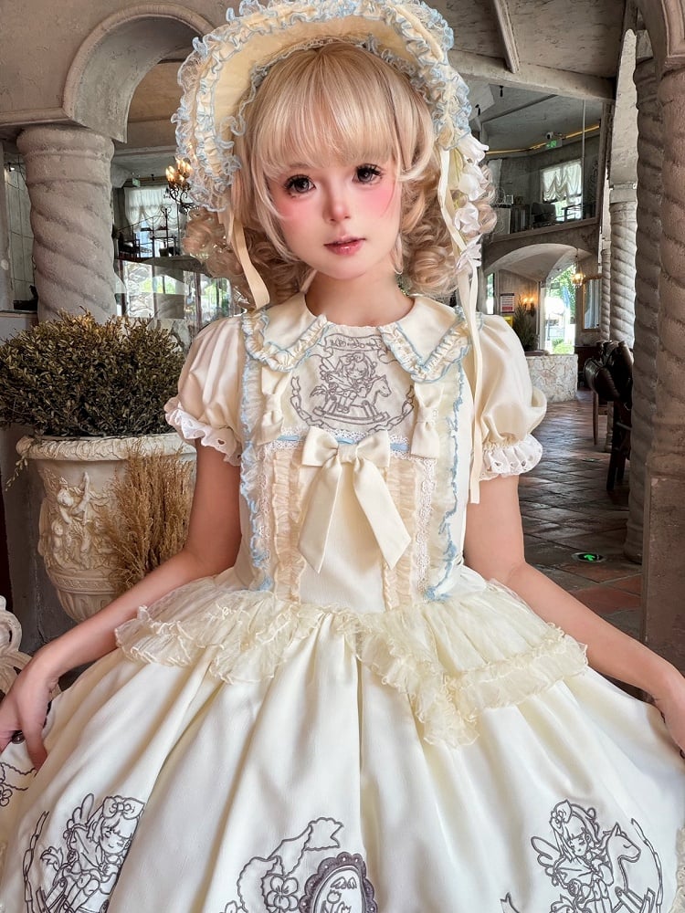 Apricot Lolita OP Full Set with Floral Embroidery, Bonnet, Sleeves, Hairband and Bow Clip - Double sweet Lolita