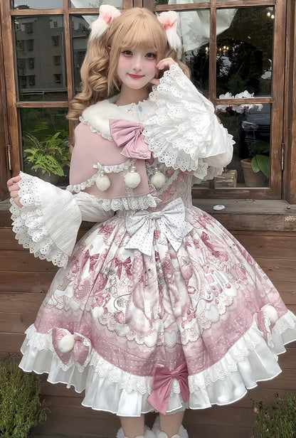 Cape Pink Pompoms and Sweet Plush Collar Lolita with Lace Trim