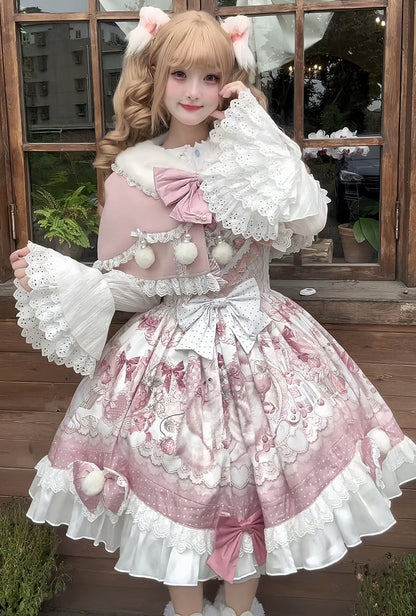 Bow Lolita Strawberry Sweet with Pink Print Jumper Skirt Accents and Kitty