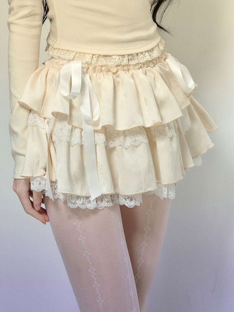 アプリコットリボンアクセントレーストリムティアードミニスカート