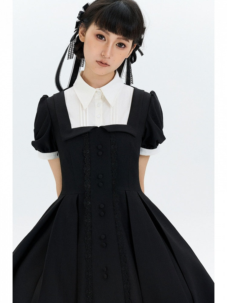 Two-pieces OP Lolita Black Dress Sleeves Design White Short Fake
