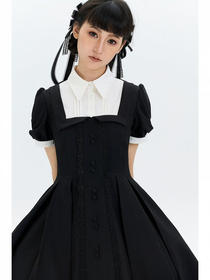 Two-pieces OP Lolita Black Dress Sleeves Design White Short Fake