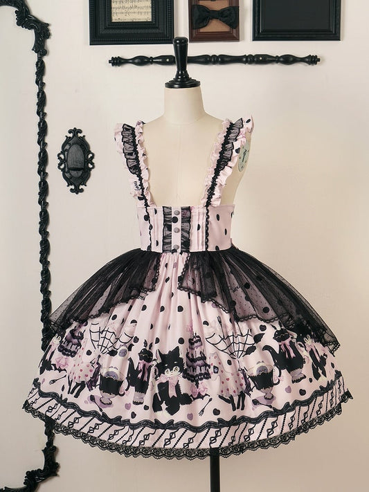 Lolita Cake Kitty Print Pink and with Straps Waist Ruffle Detachable High Skirt