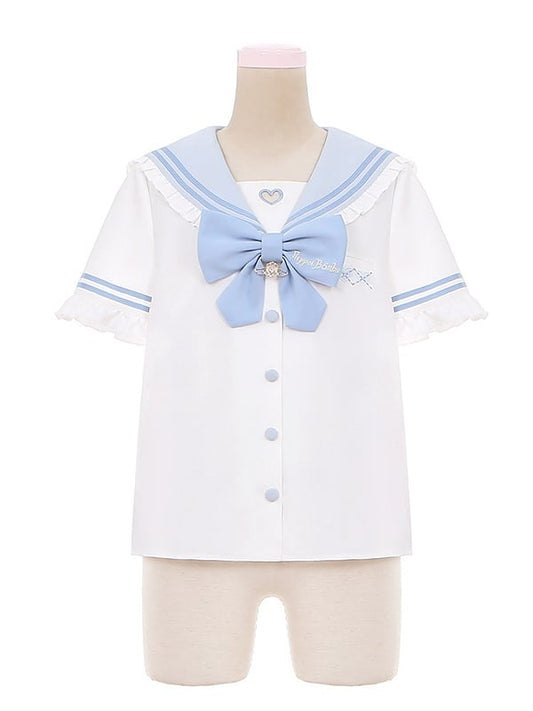 Cutout Blouse Blue Bowknot White Sailor Collar Heart-shaped Light
