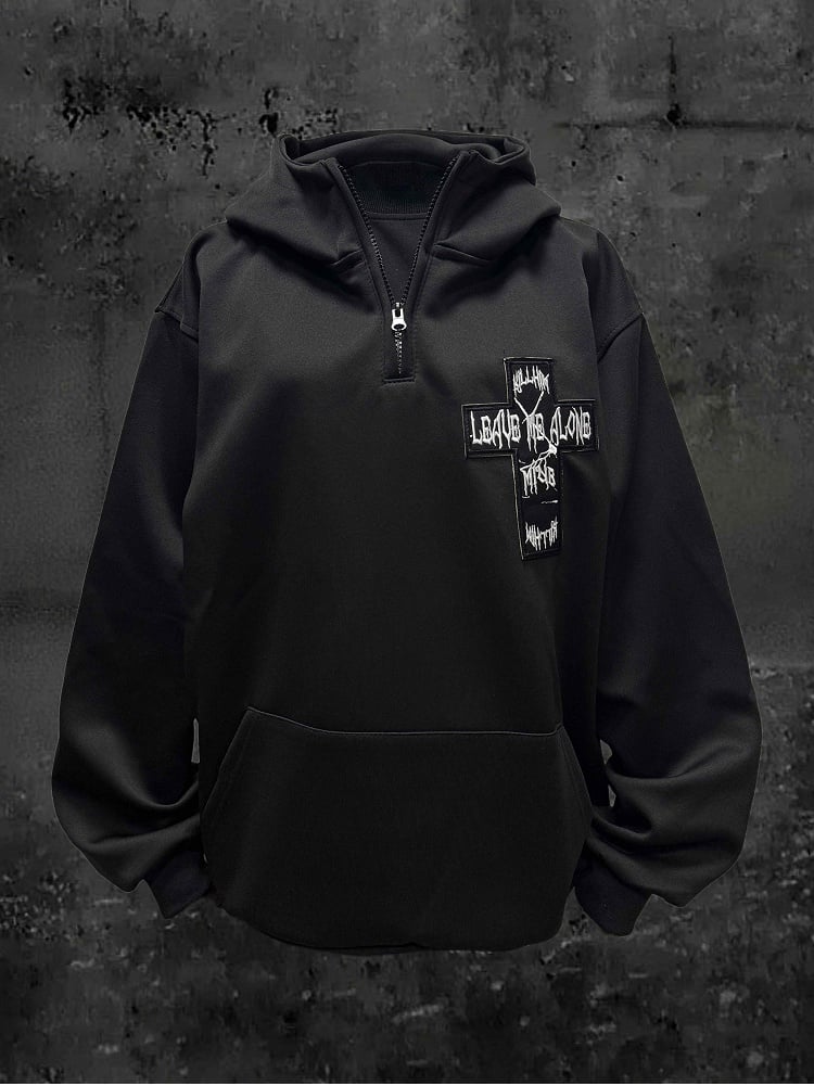 Partial Zip with Black Hoodie Placket Embroidery Applique Cross and Y2K