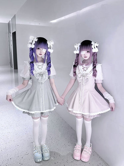 Set aus rosa/hellblauen Shorts mit Schleife hinten, Matrosenkragen, selbstbindendem Minikleid + gerüschtem hellem Saum, Jirai Kei