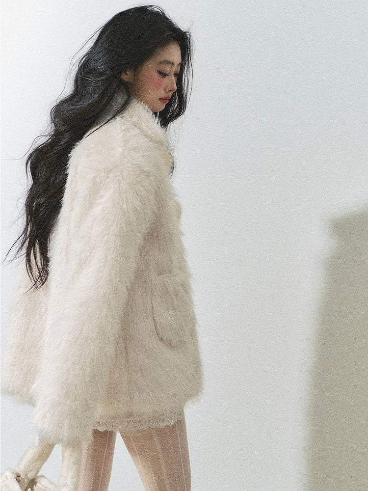 Faux Fur Coat Pompom Button Design