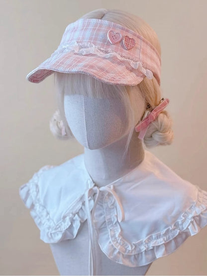 Lace Heart Cap Buttons Visor Pink and Plaid Adorned with
