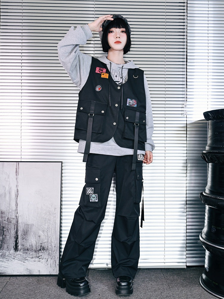 Embroidered Gothic Pockets Cheongsam Eyeball Cargo Cuffs with Black Drawstring Pants