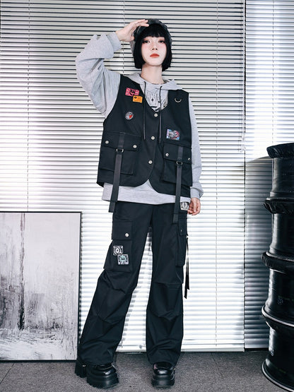 Embroidered Gothic Pockets Cheongsam Eyeball Cargo Cuffs with Black Drawstring Pants