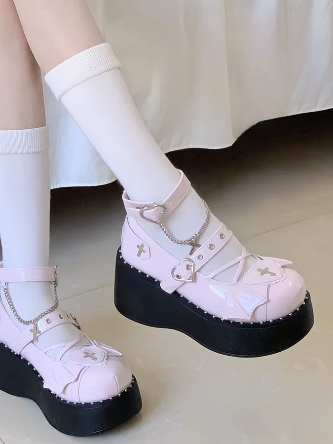 PU Patch Accents Shoes Wing Pink Cross Top Platform Heart Details