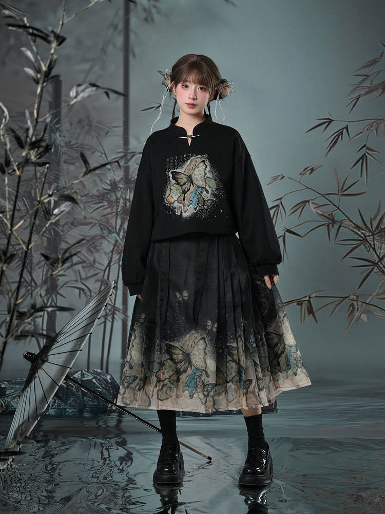 Gebänderter Sweatshirtkragen Schmetterlingsstil Cheongsam-Druck Schwarz/Apricot