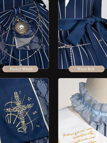 Embroidery+Waist Cross Lolita Watch Dress Full Collar Blue White Nun Chain+Pocket Chain+Detachable Striped Belt+Waist Set with Dark