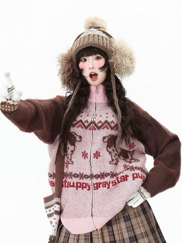 Hoodie Jacket Pink/Black Letter with Daily in Puppy Pattern Graphics Kawaii