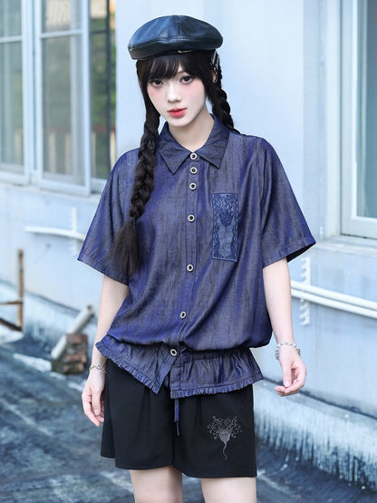 Purple Short Sleeve Shirt with Sea Lily and Drawstring - Quirky Hut