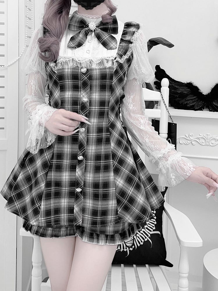 in White Blue/Black Top Light Jirai Juliet Kei Plaid Matching Set: Shorts and Sleeve