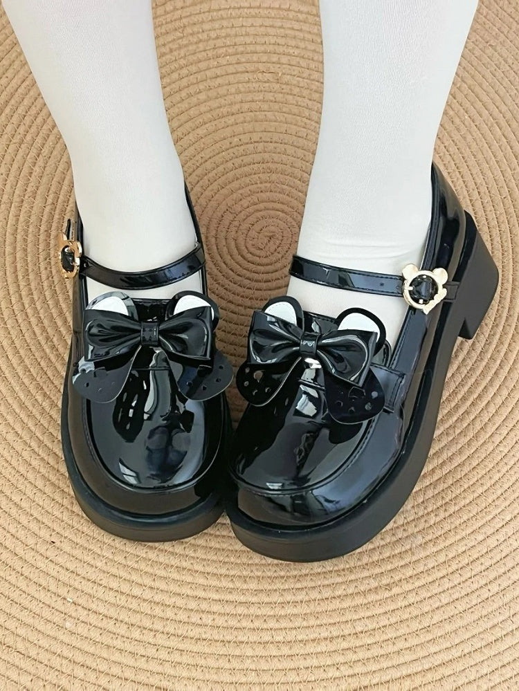 Ear Buckle - Shoes PU JK Heel Detachable Mid Black Bow Polished Academic with Style Bear