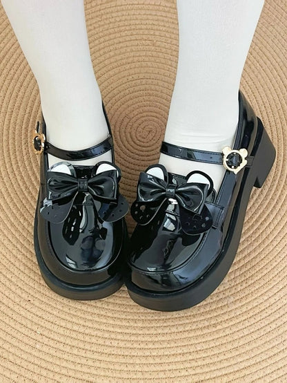 Ear Buckle - Shoes PU JK Heel Detachable Mid Black Bow Polished Academic with Style Bear