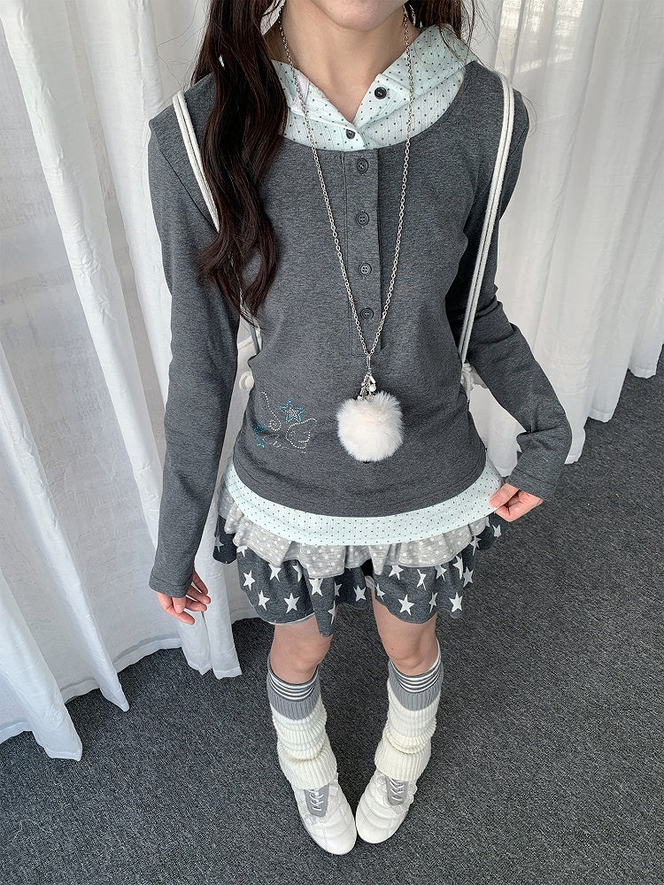 Y2K Dot Wings Patchwork Rhinestone Gray Hooded with Two-piece Polka Top